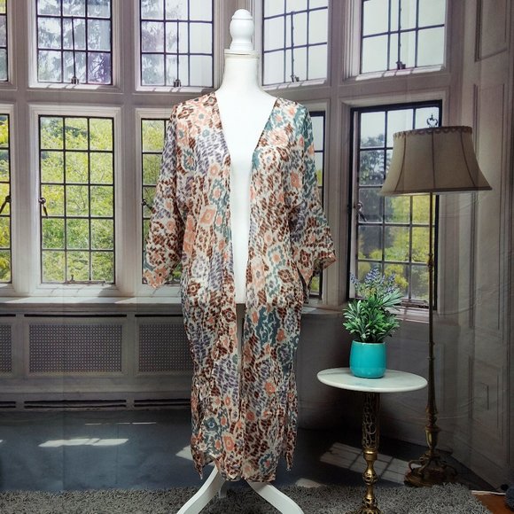 NWT SONOMA WATERCOLOR IKAT LONG KIMONO (BROWN MULTI / OS) - Picture 3 of 10